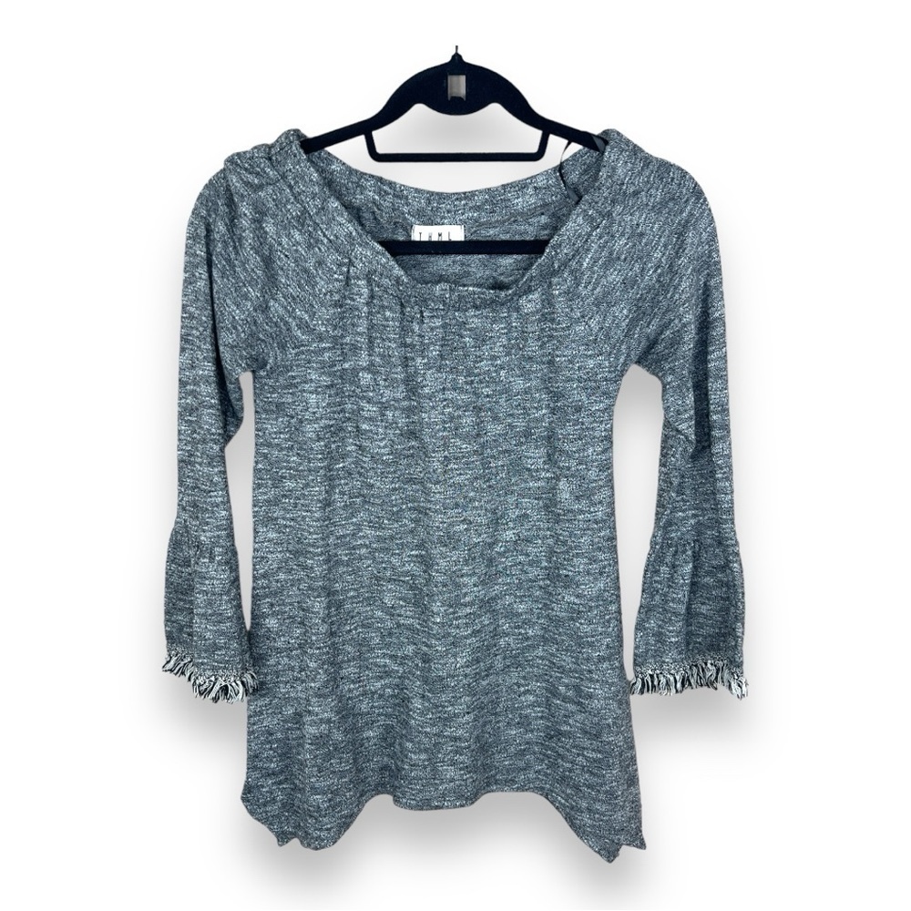 XS THML GREY COTTON BLEND TOP OFF SHOULDER STRETCH KNIT CASUAL FRINGE ACCENT
